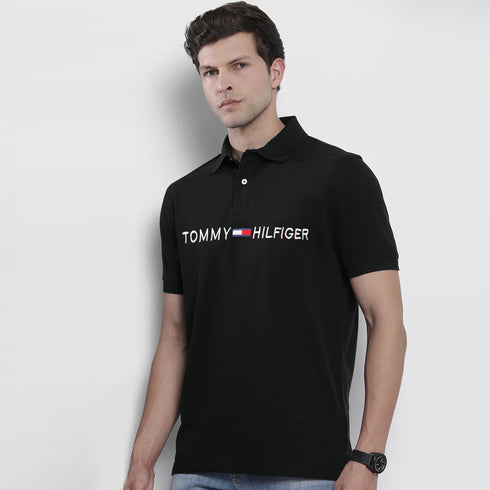 TOMMY BLACK EMBROIDERED POLO SHIRT